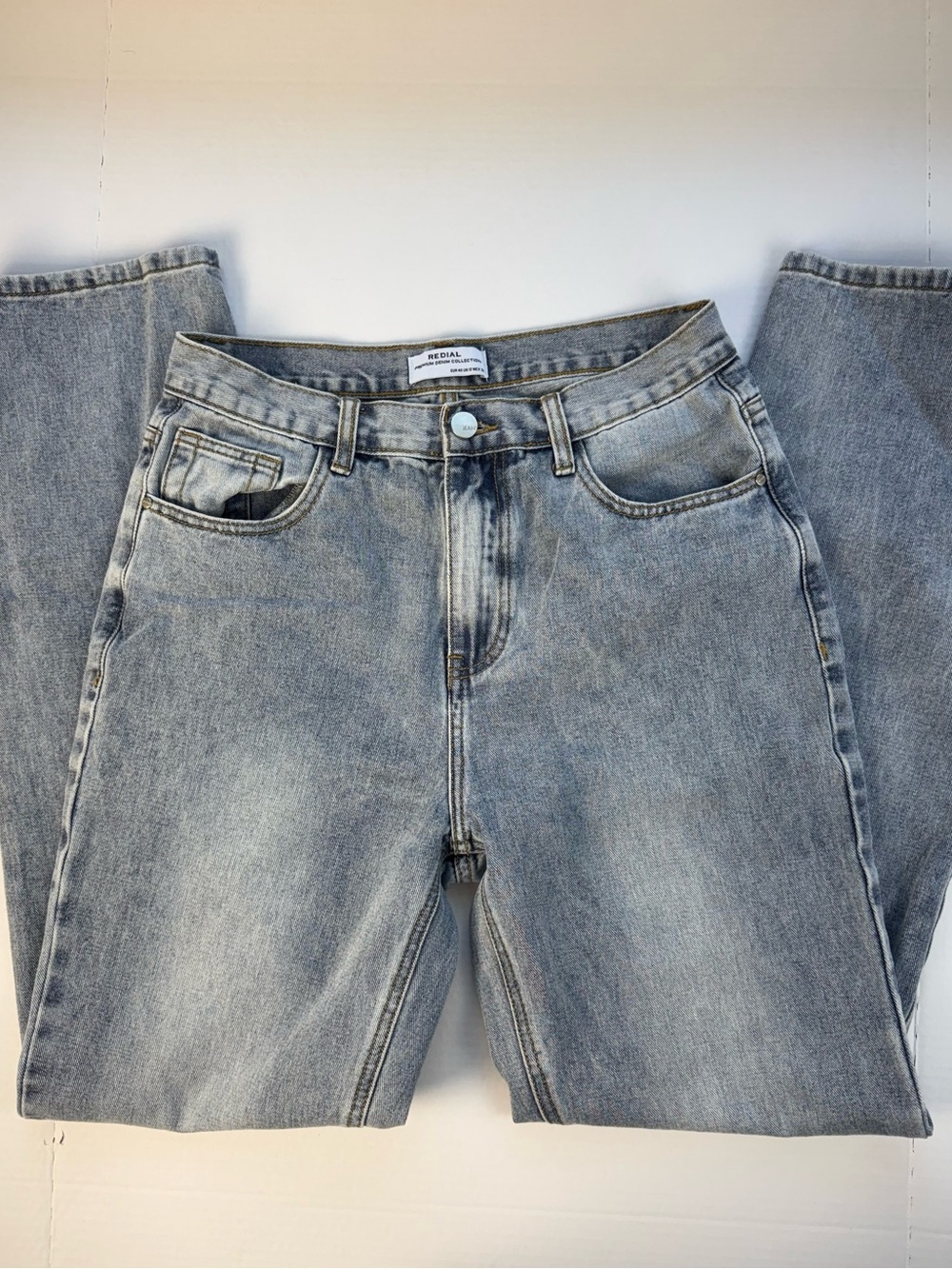 Redial High-Rise Light Wash Jeans, front slit wide leg size 29”